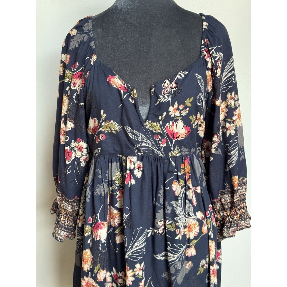 Boho Floral Babydoll Mini Dress L Navy Cottagecore Spring Festival Fairy - Picture 9 of 16
